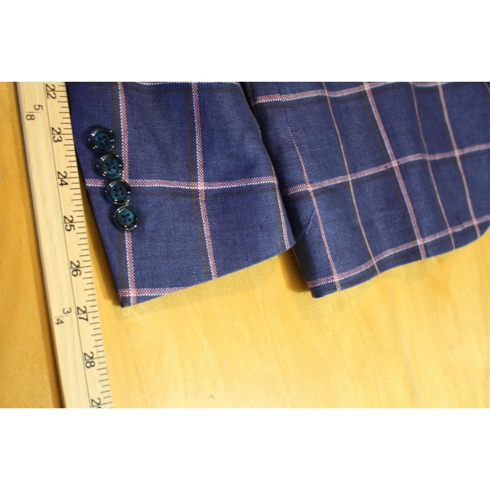Tallia Mens Sport Coat Blue Linen Size 46R Two-Button Closure Windowpane Jacket